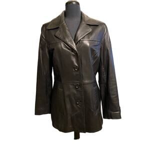 Vintage JLC New York Black Leather Lined Button Front Coat Women's Size Medium